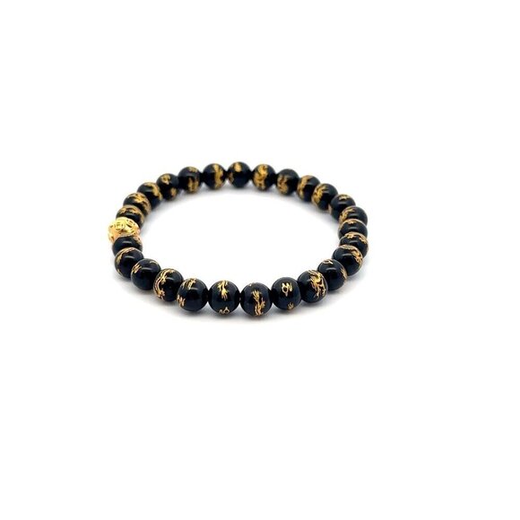 18K Gold Money Coin Ball Lucky Bracelet Gemstones Black Carved Onyx 6mm - Picture 3 of 5